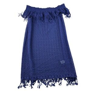 Elie Tahari Off-The-Shoulder Lace Dress Women 14 Blue Geometric Crochet Boho
